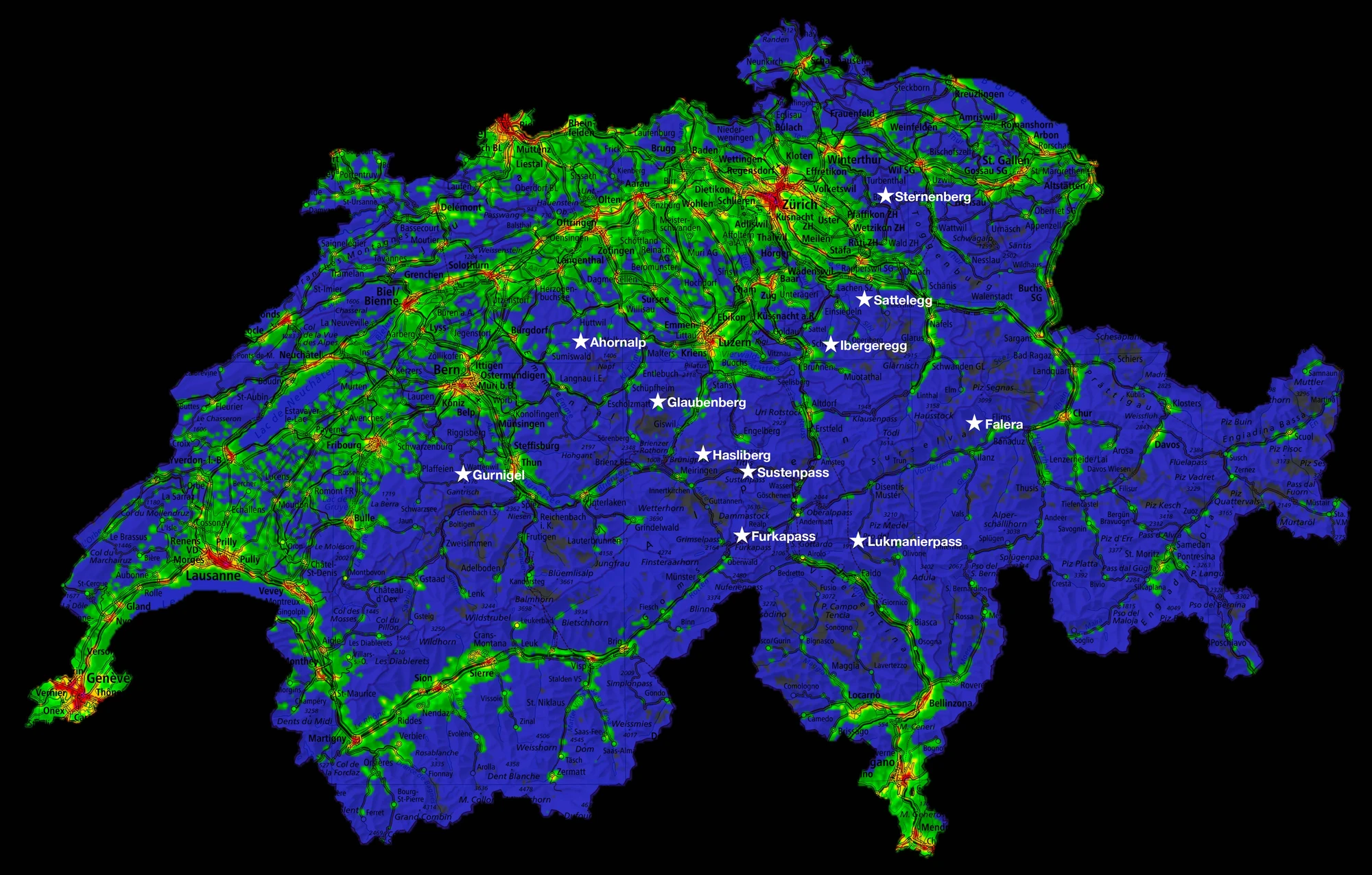 Light pollution map of Switzerland 2020