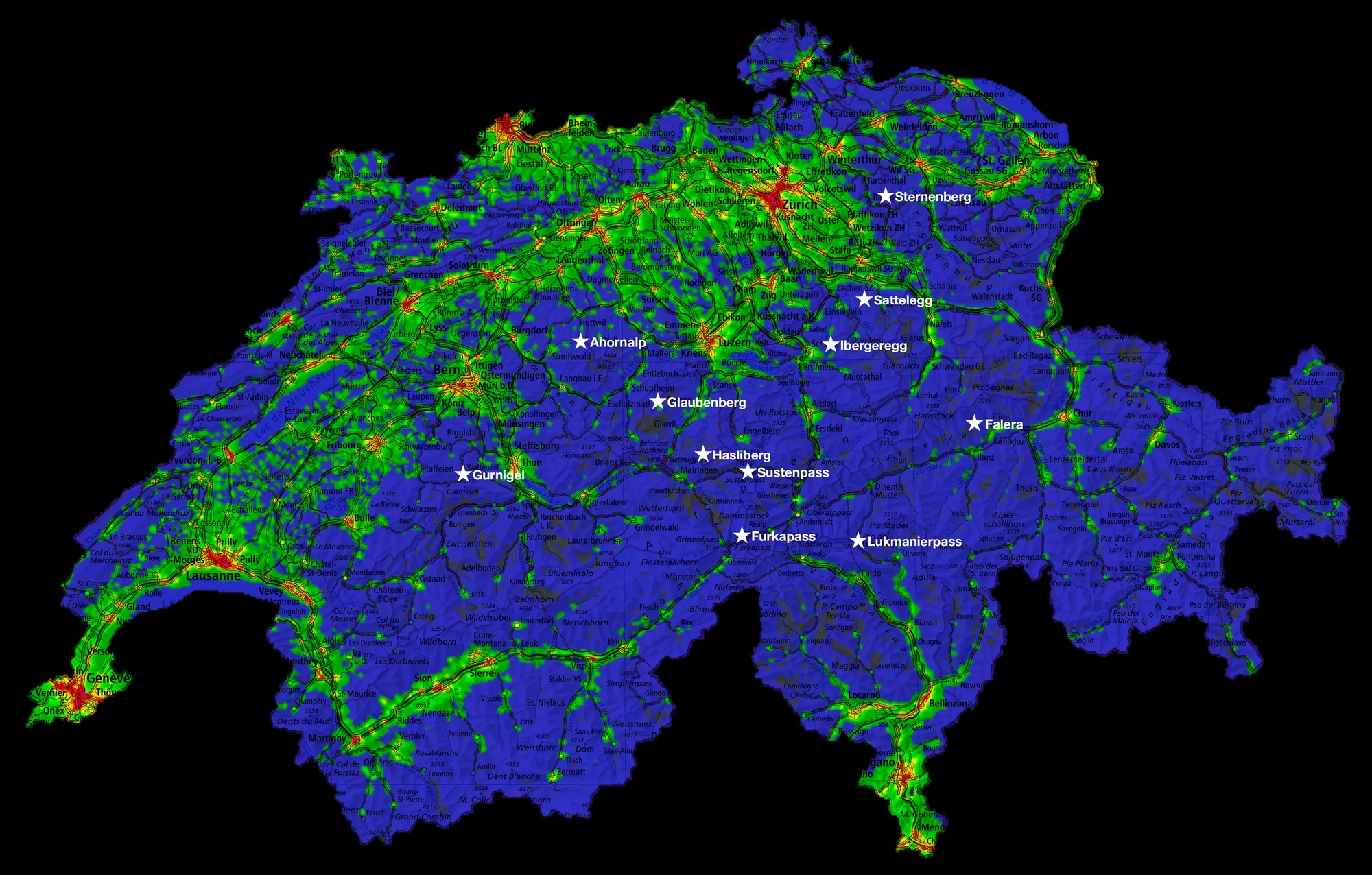 Lichtverschmutzungskarte der Schweiz 2020