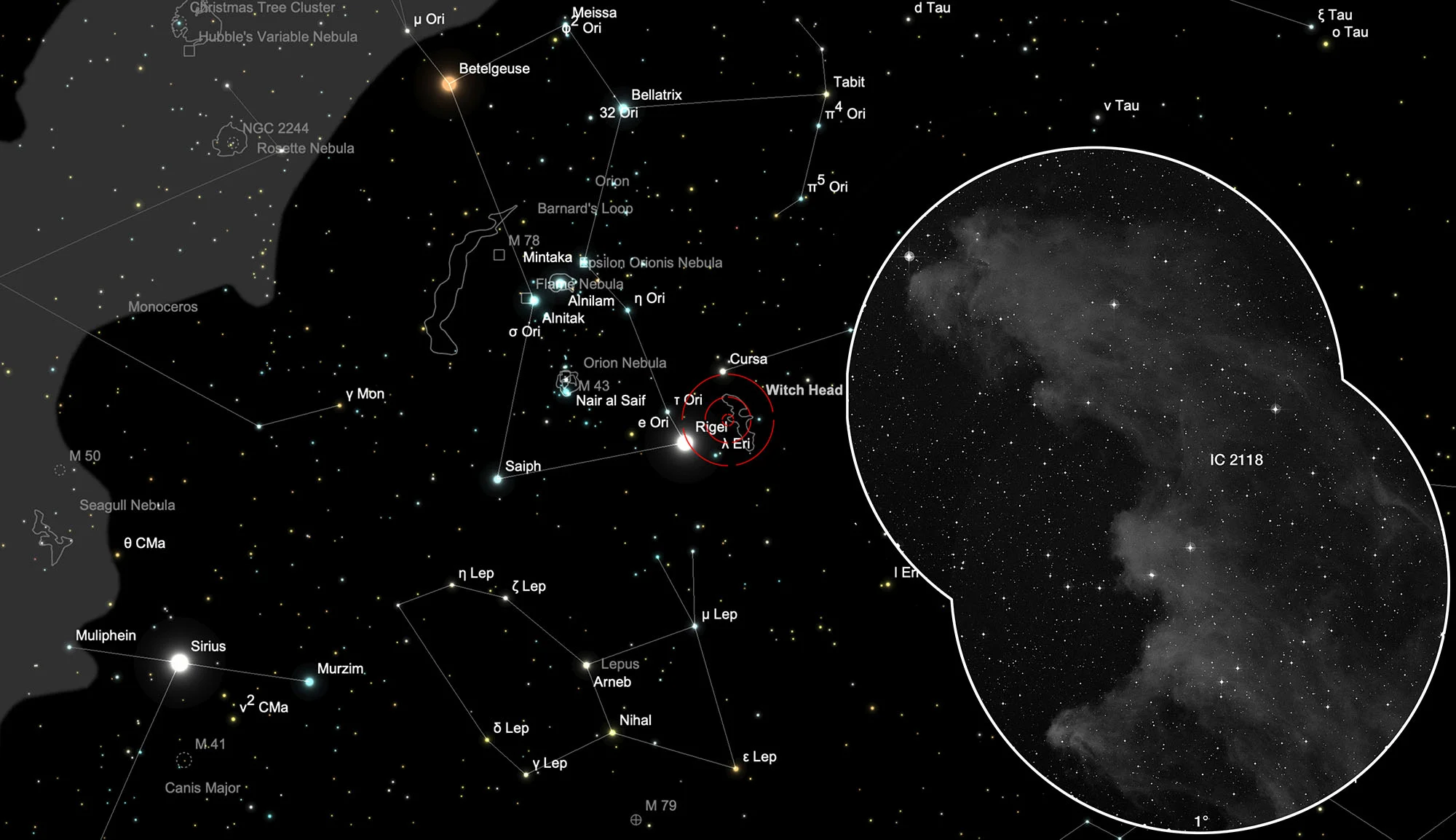 Finder Chart Witch Head Nebula (IC 2118)
