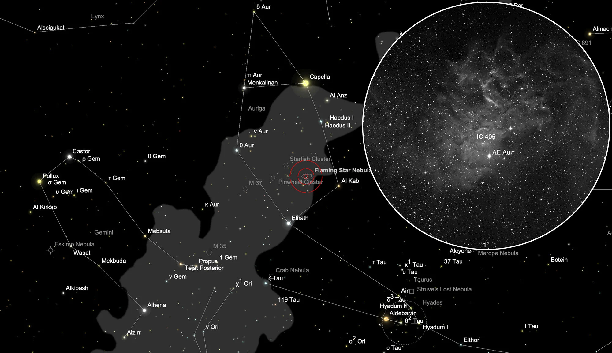 Finder Chart Flaming Star Nebula (IC 405)