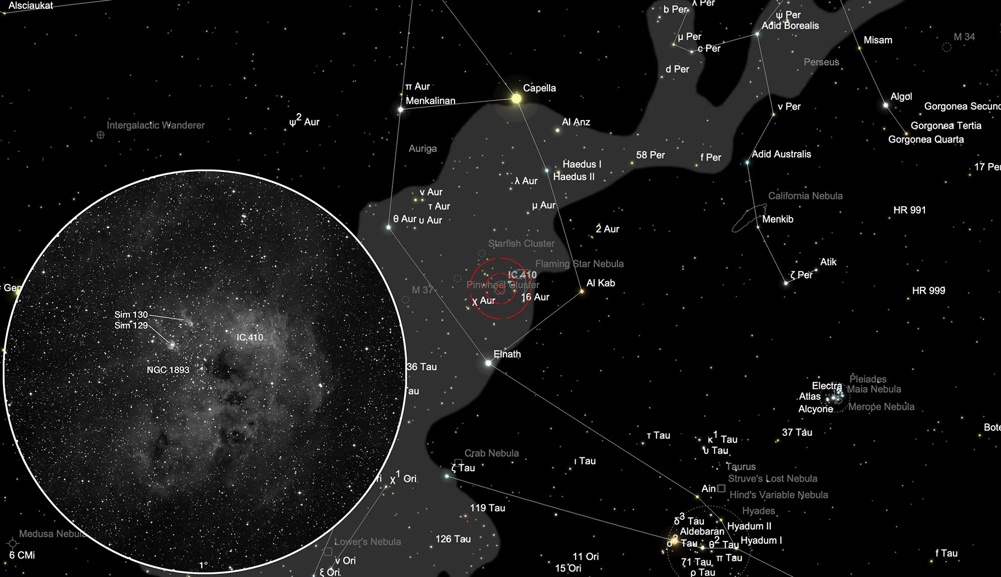 Karte Sternhaufen NGC 1893 mit Nebel IC 410