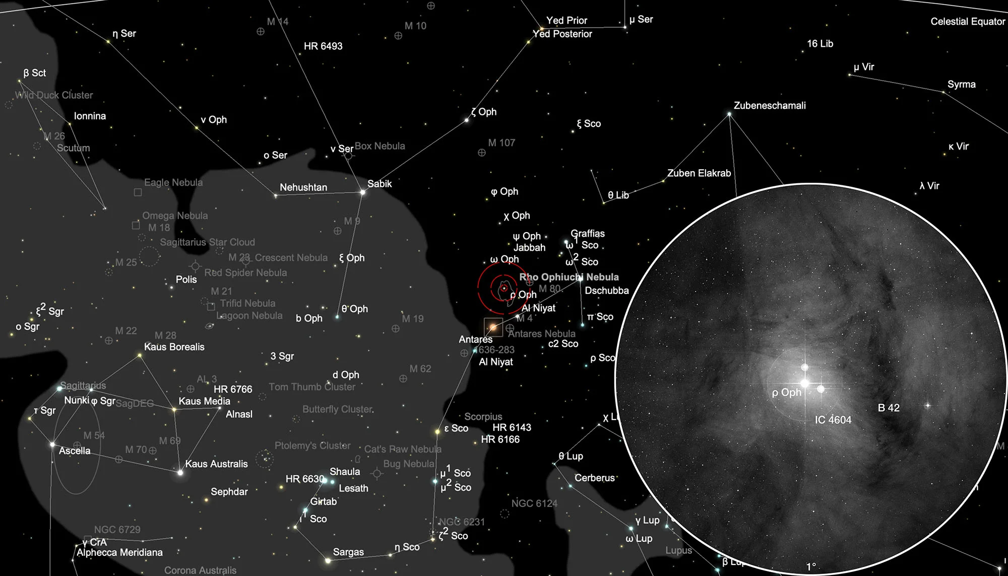 Auffindkarte Rho Ophiuchi Nebel (IC 4604)