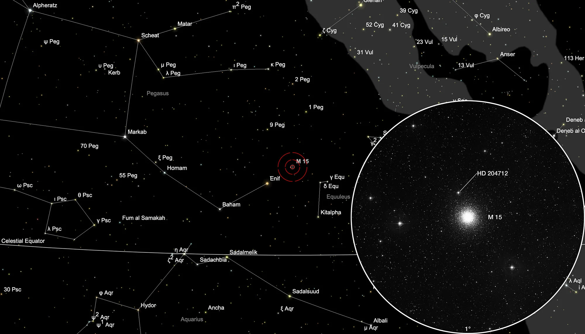 Auffindkarte Kugelsternhaufen Messier 15 + Planetarischer Nebel Pease 1