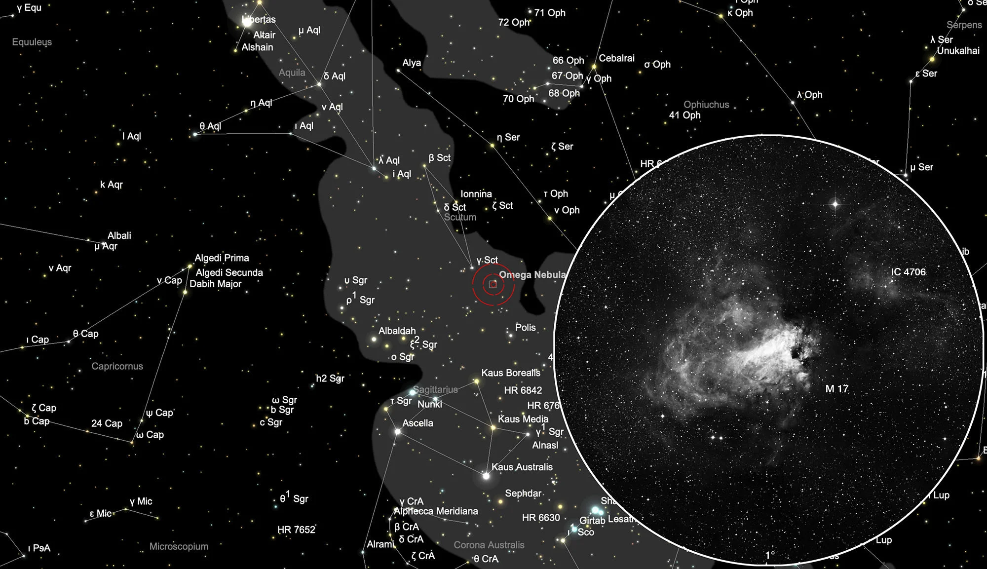 Auffindkarte Omeganebel, Schwanennebel, Hufeisennebel (Messier 17)