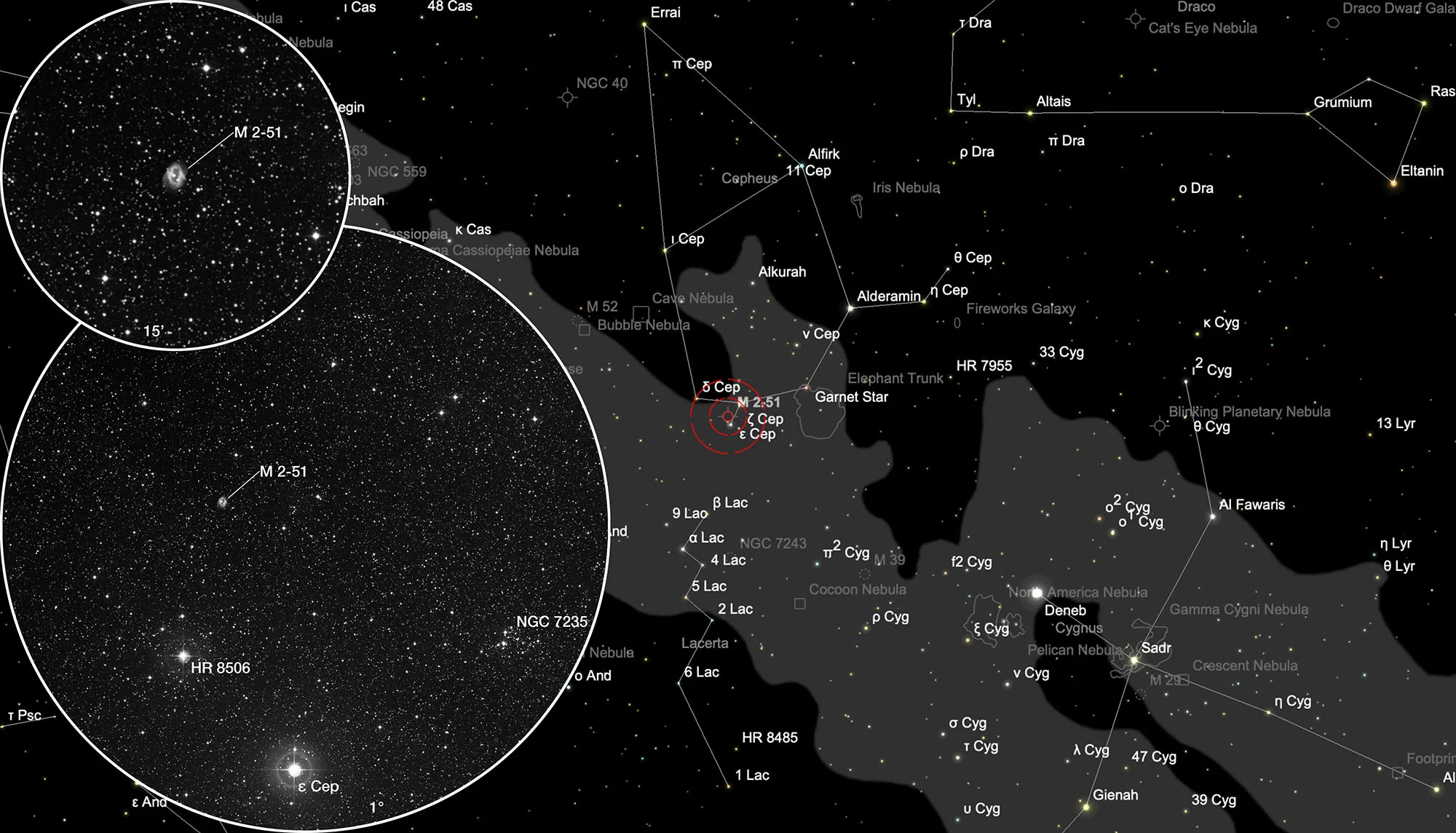 Auffindkarte Planetarischer Nebel Minkowski 2-51 + Sternhaufen NGC 7235