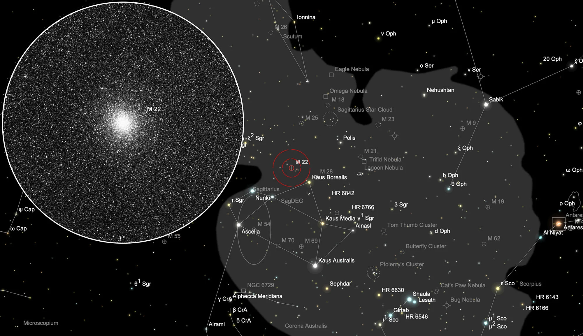 Auffindkarte Kugelsternhaufen Messier 22
