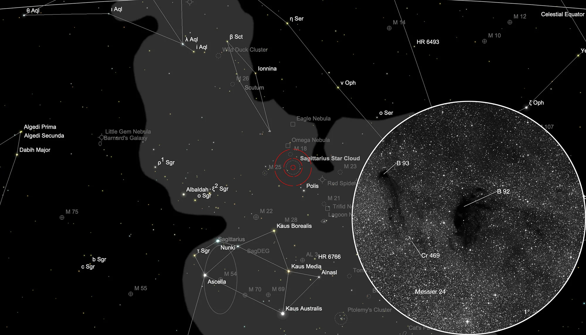Auffindkarte Kleine Sagittarius-Wolke (Messier 24)