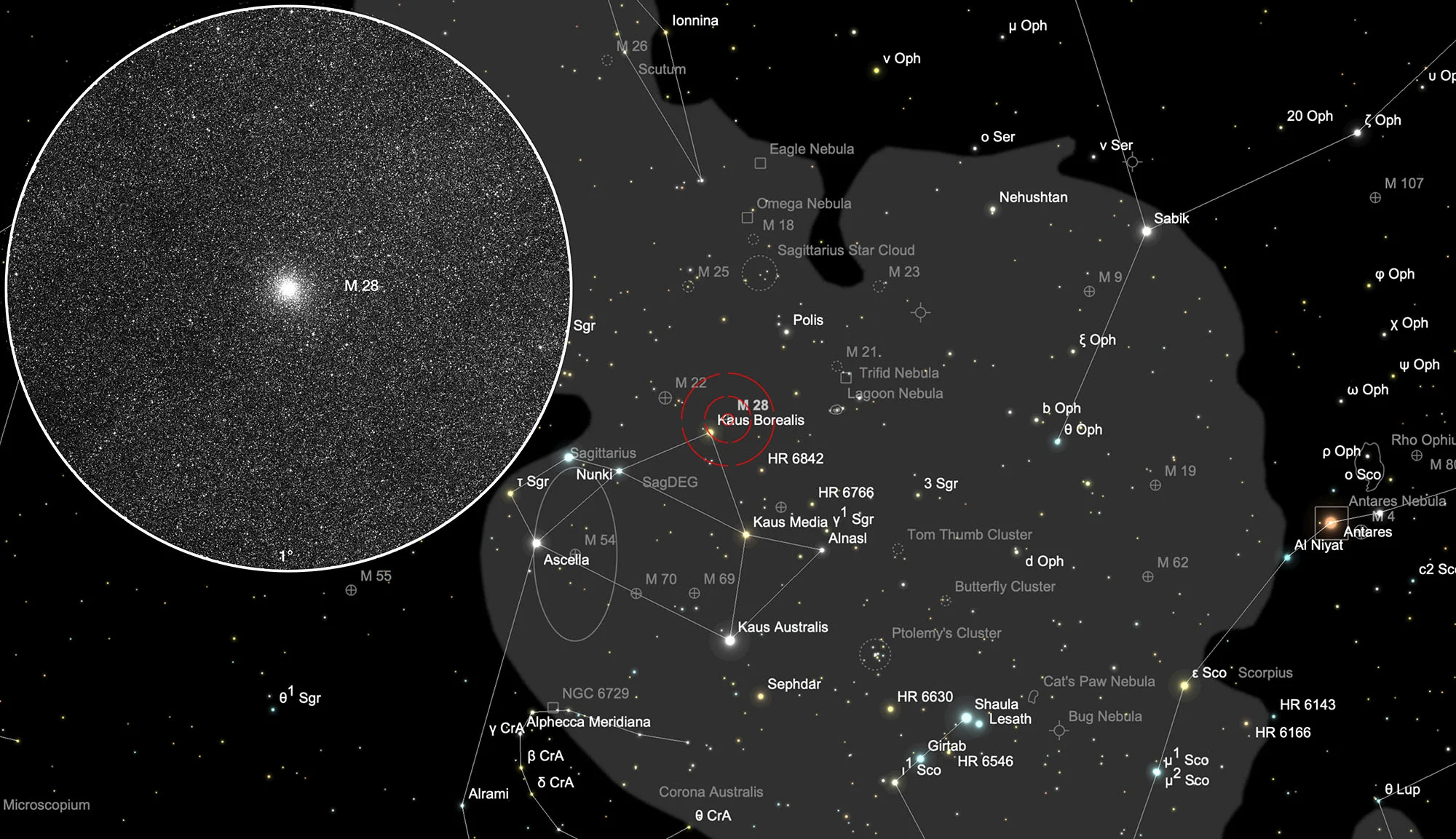 Karte Kugelsternhaufen Messier 28