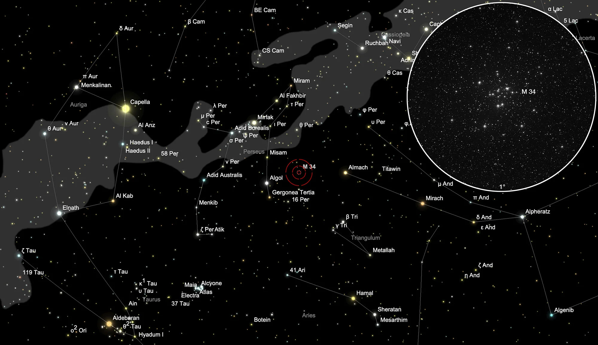 Auffindkarte Offener Sternhaufen Messier 34