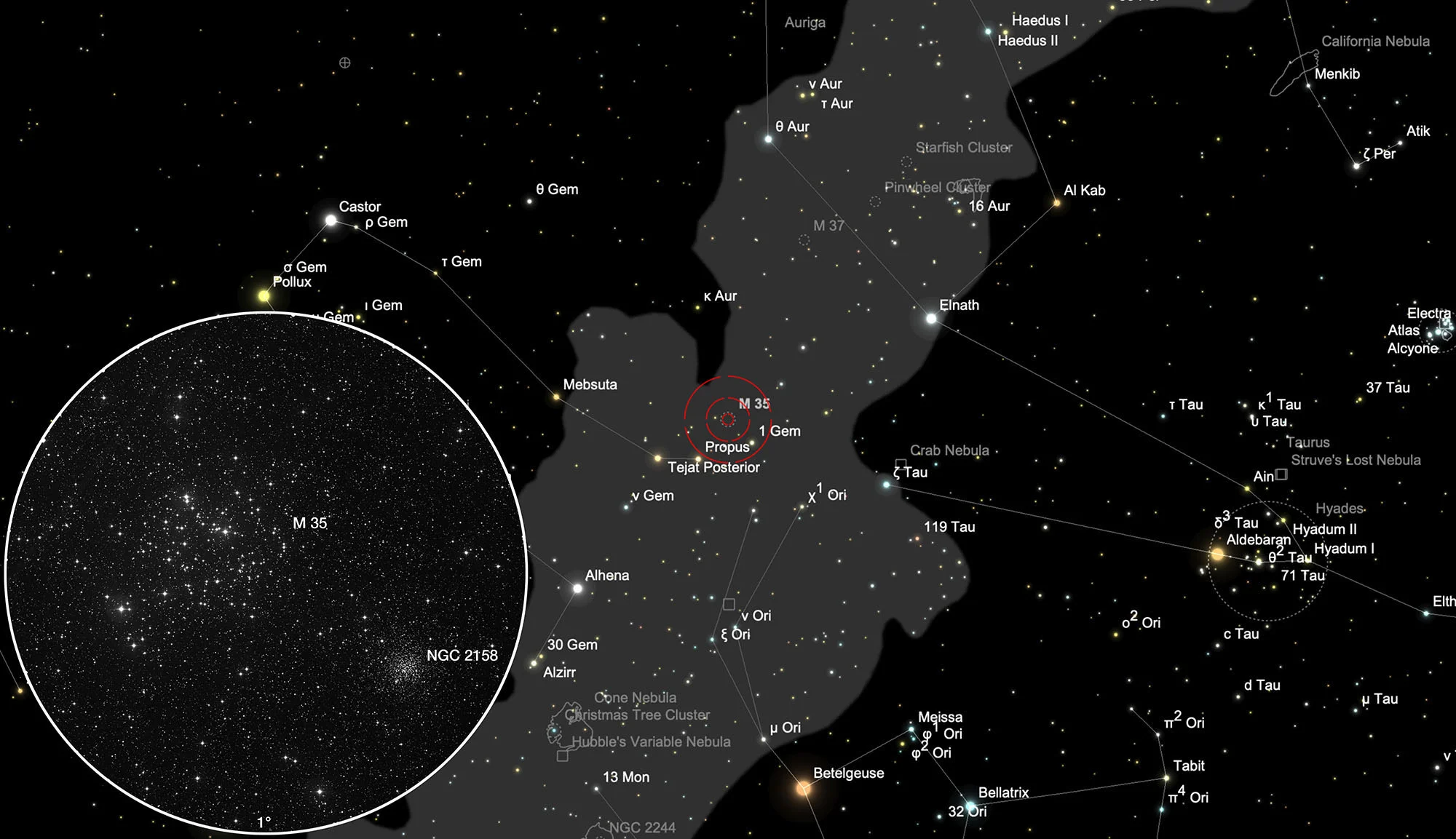 Auffindkarte Offene Sternhaufen M 35 und NGC 2158