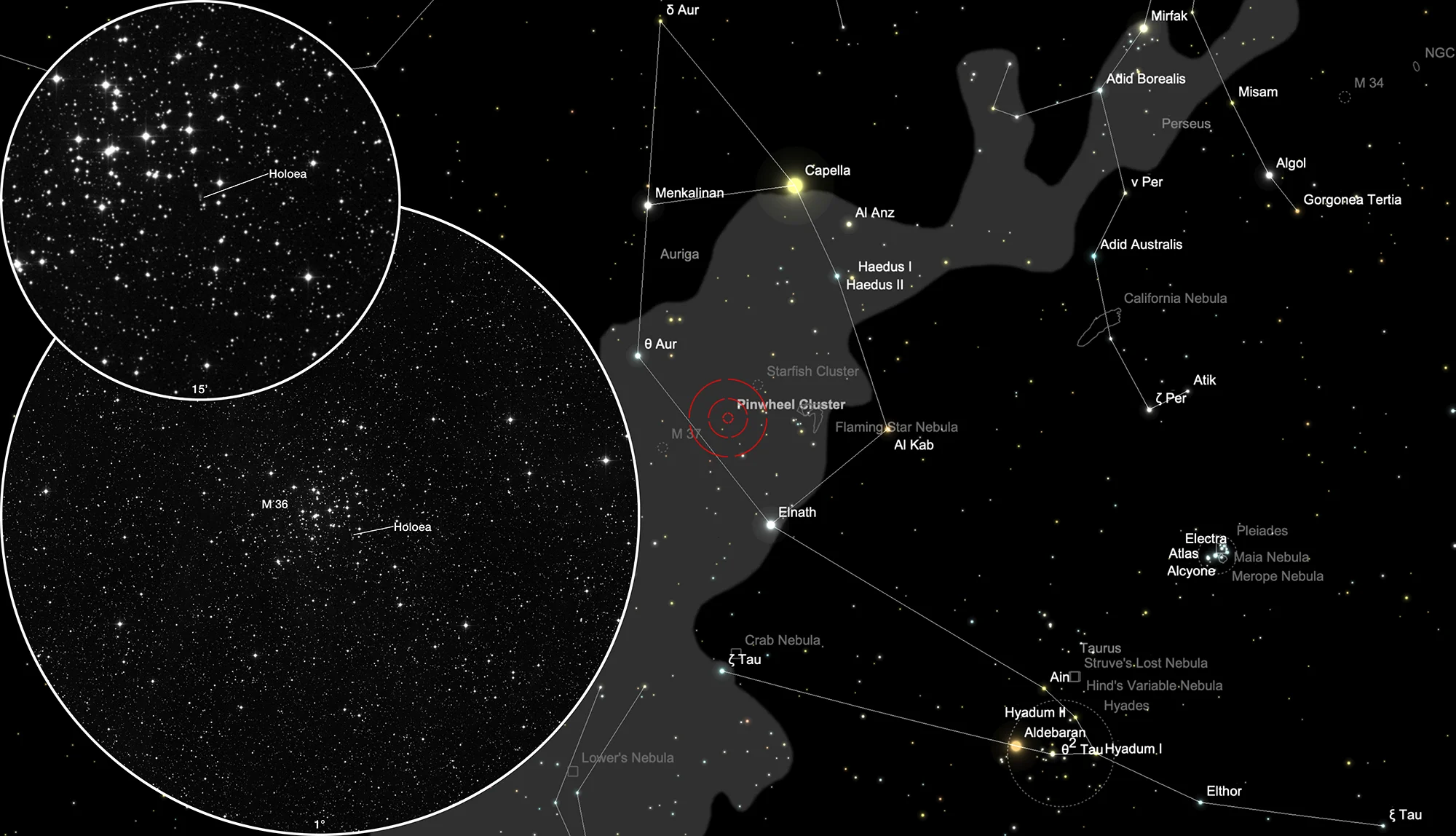Finder Chart Pinwheel Cluster Messier 36 + Holoea (IRAS 05327+3404)