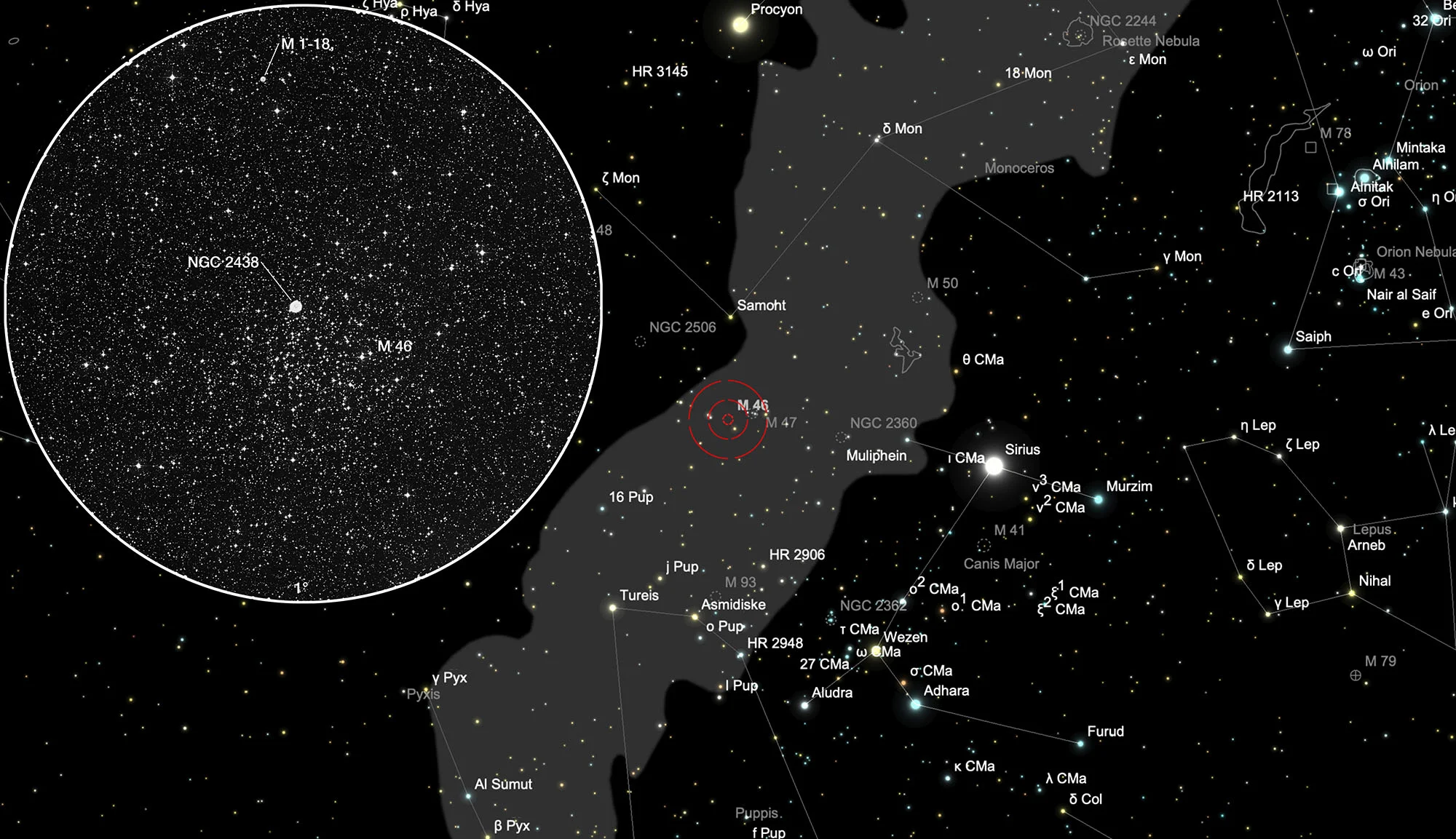 Auffindkarte Sternhaufen M 46 mit planetarischem Nebel NGC 2438