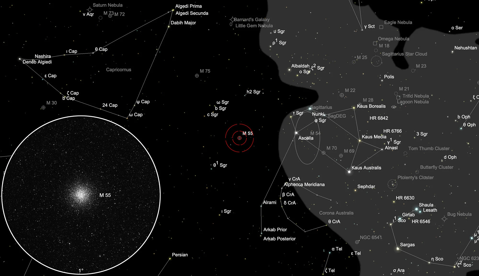Auffindkarte Kugelsternhaufen Messier 55