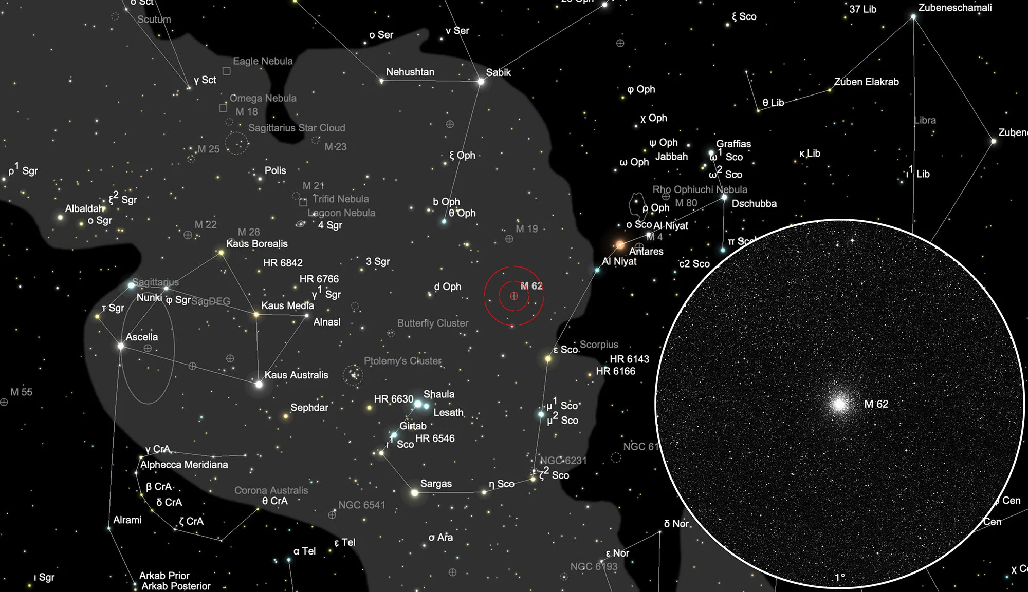 Auffindkarte Kugelsternhaufen Messier 62