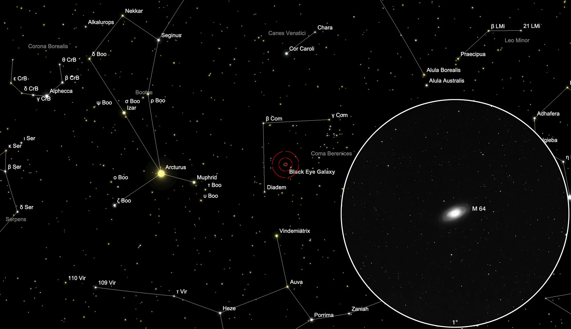 Auffindkarte Blackeye-Galaxie (Messier 64)