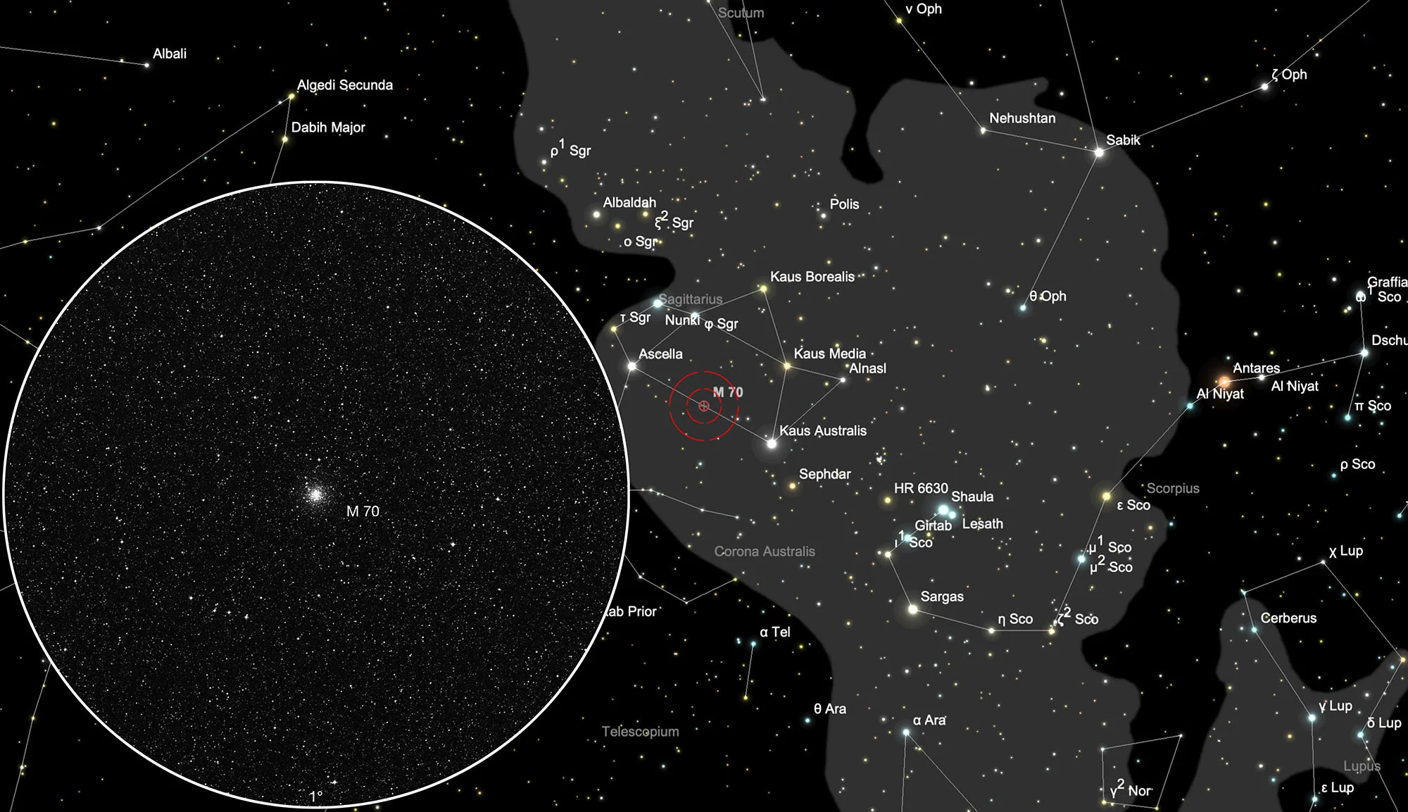 Auffindkarte Kugelsternhaufen Messier 70