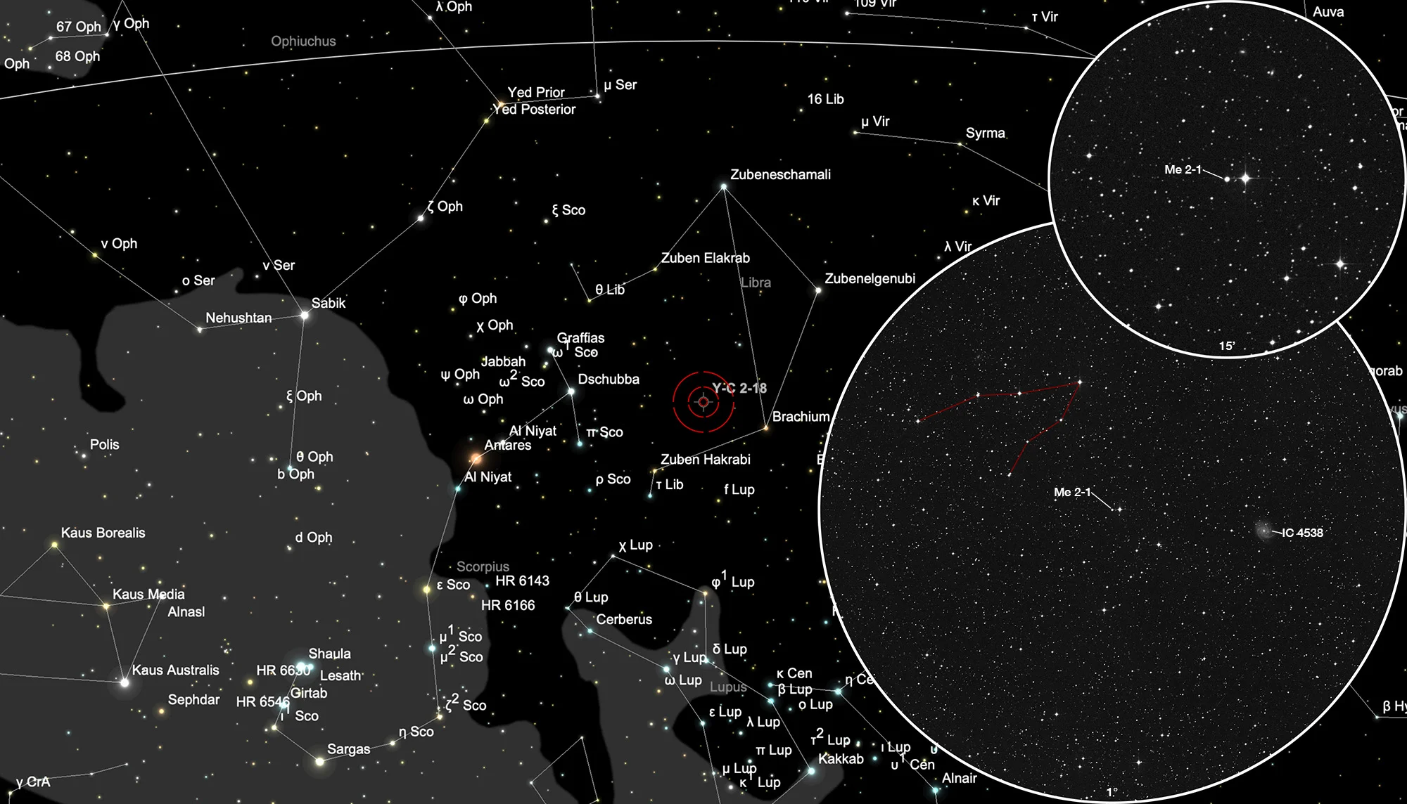 Finder Chart Planetary Nebula Merrill 2-1 + Galaxy IC 4538
