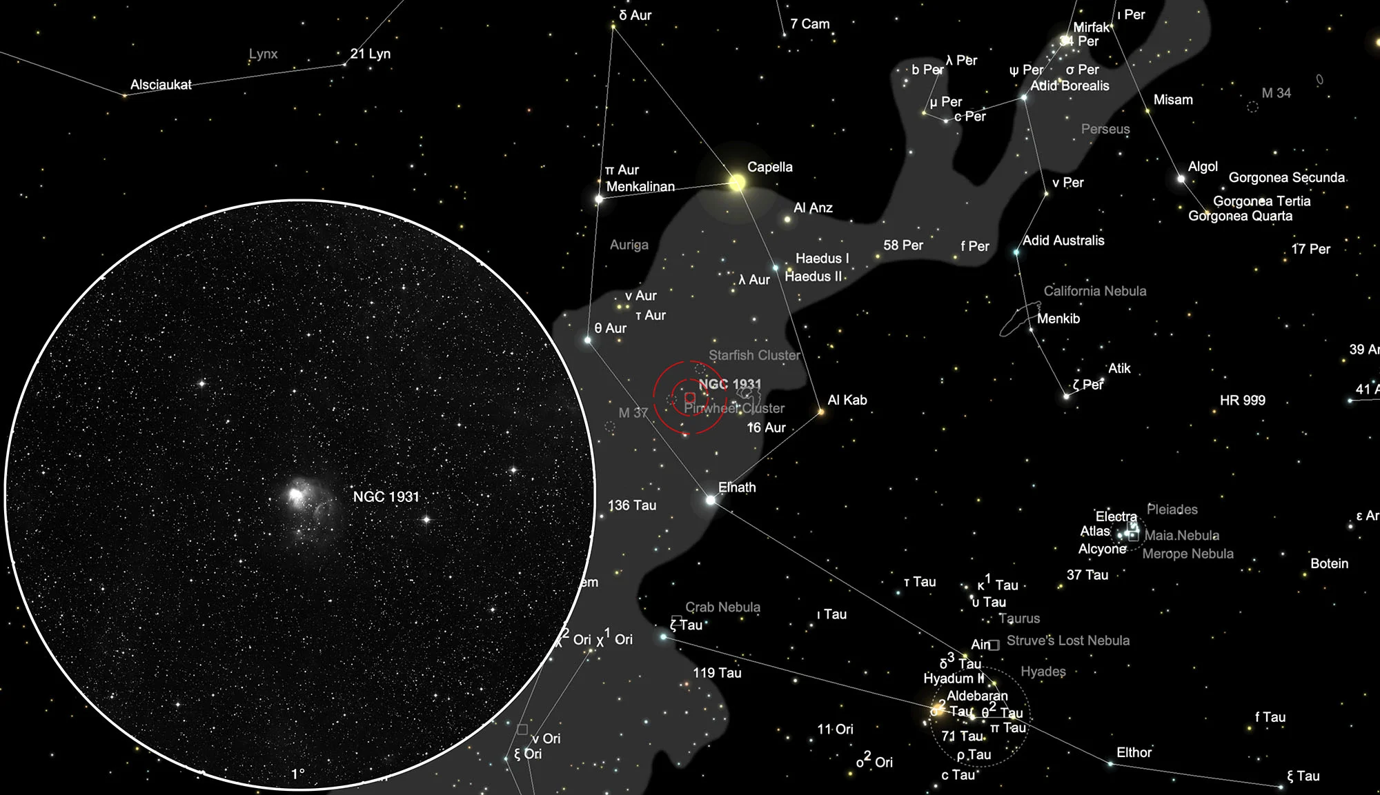Auffindkarte Sternhaufen mit Nebel NGC 1931