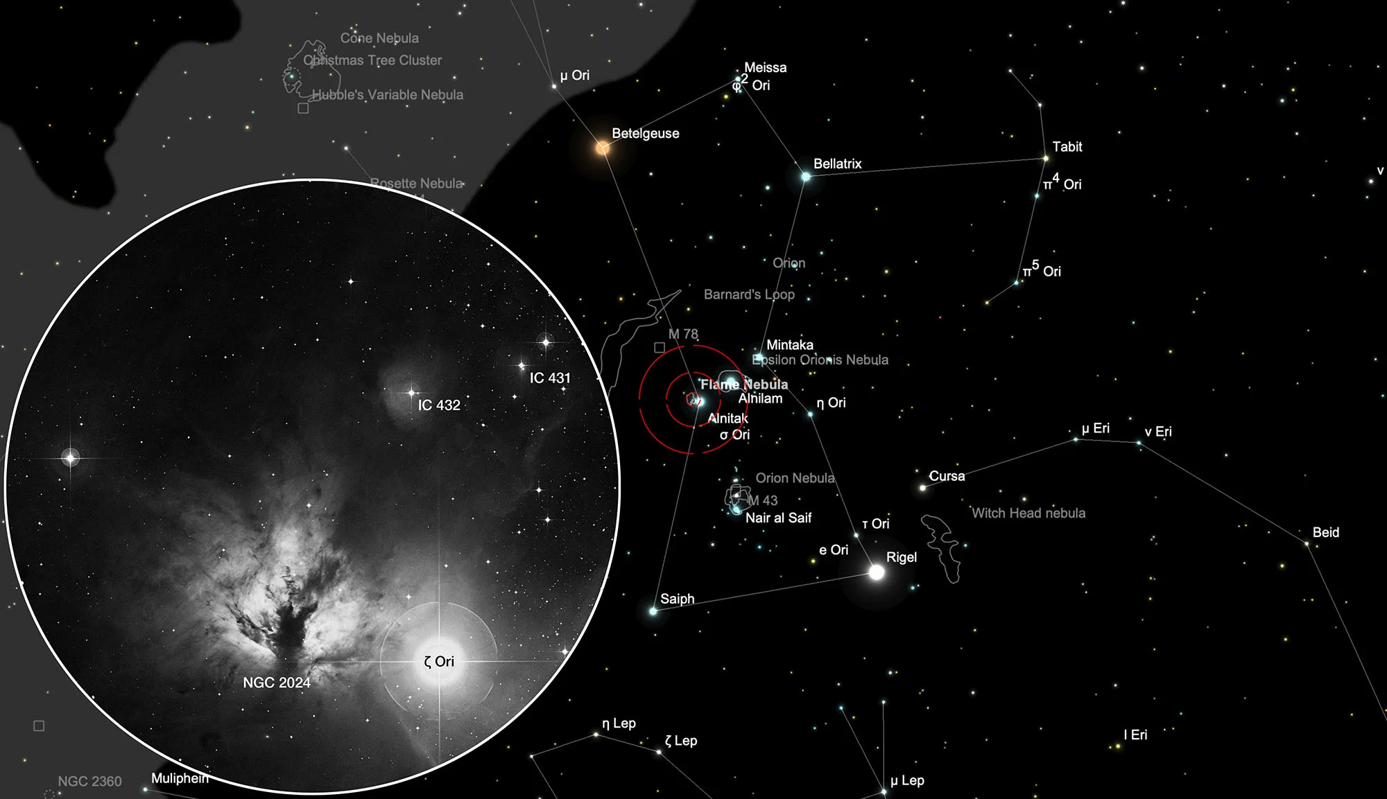 Auffindkarte Flammenbaum-Nebel (NGC 2024)