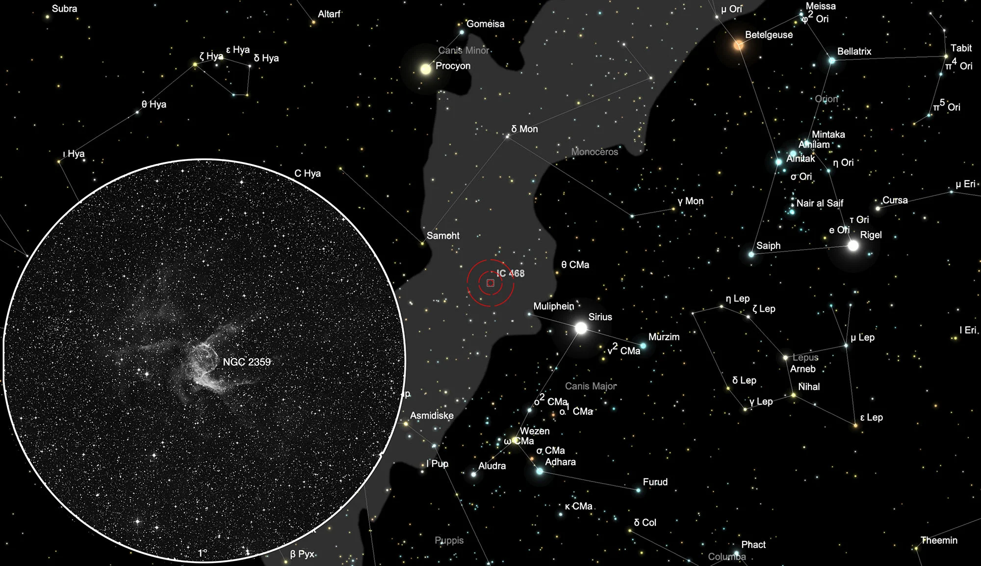 Finder Chart Thor's Helmet, Duck Nebula (NGC 2359)