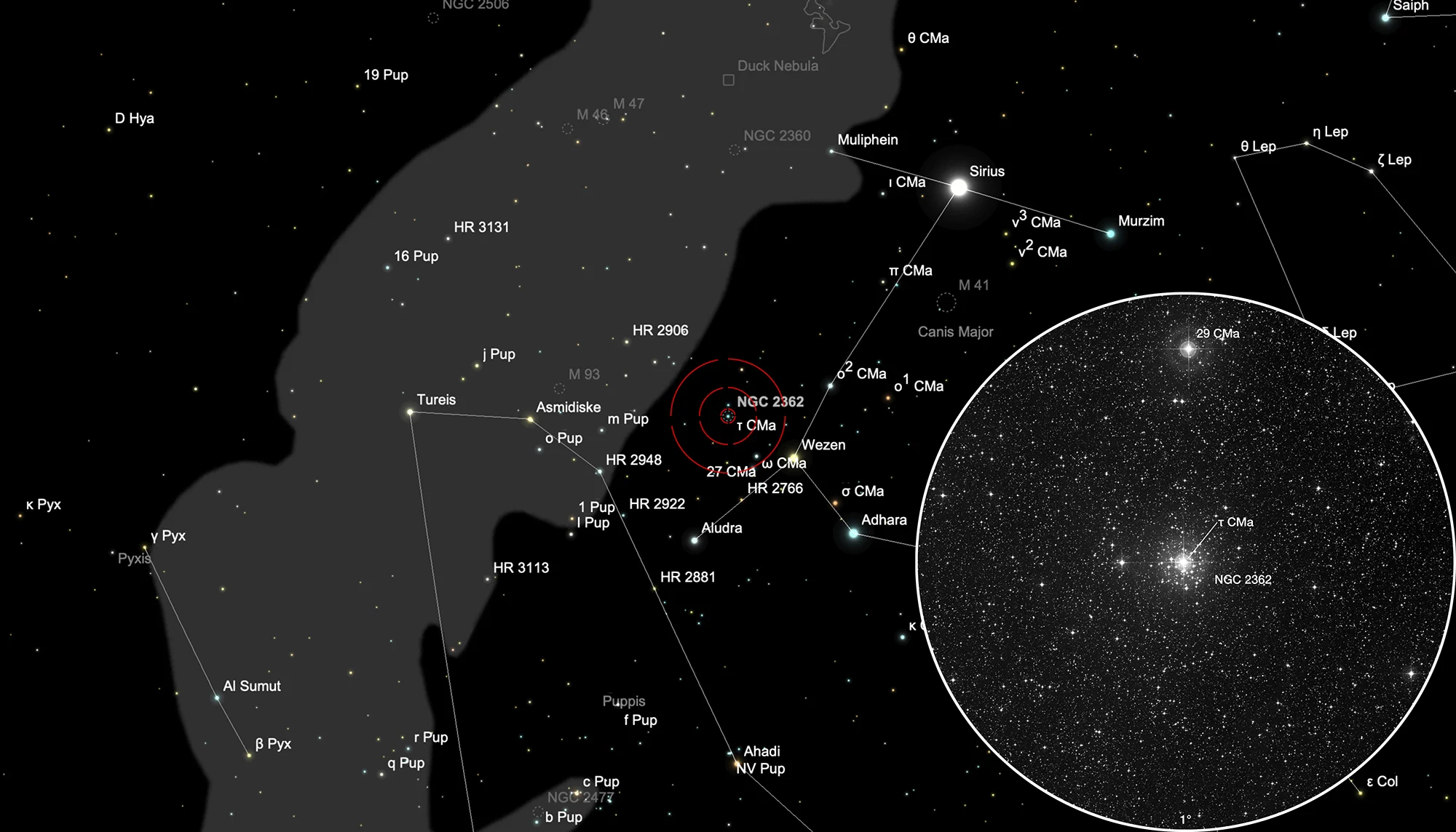 Karte Tau Canis Majoris Haufen (NGC 2362)