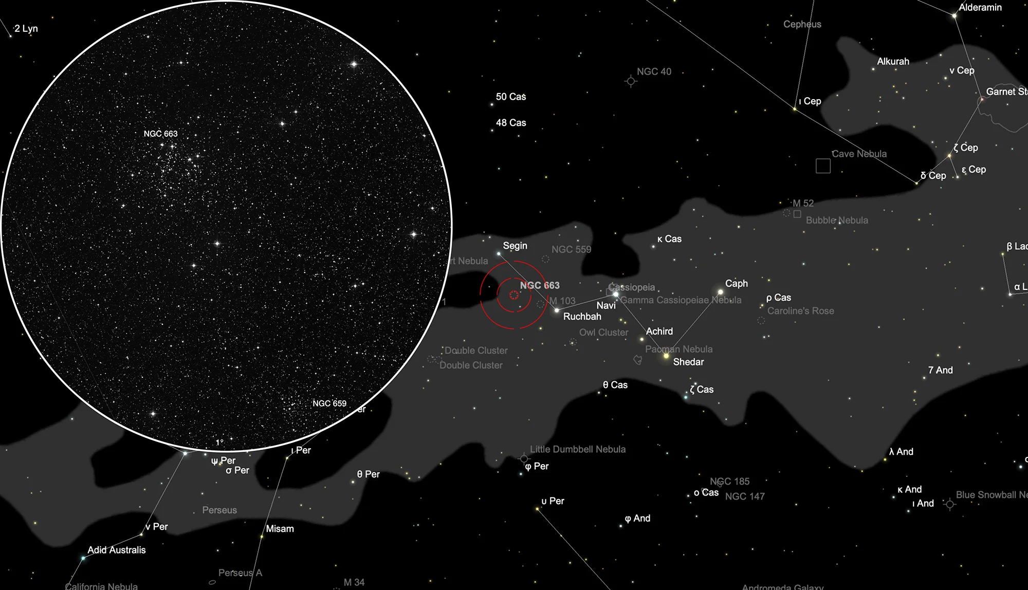 Auffindkarte Offene Sternhaufen NGC 659 und NGC 663