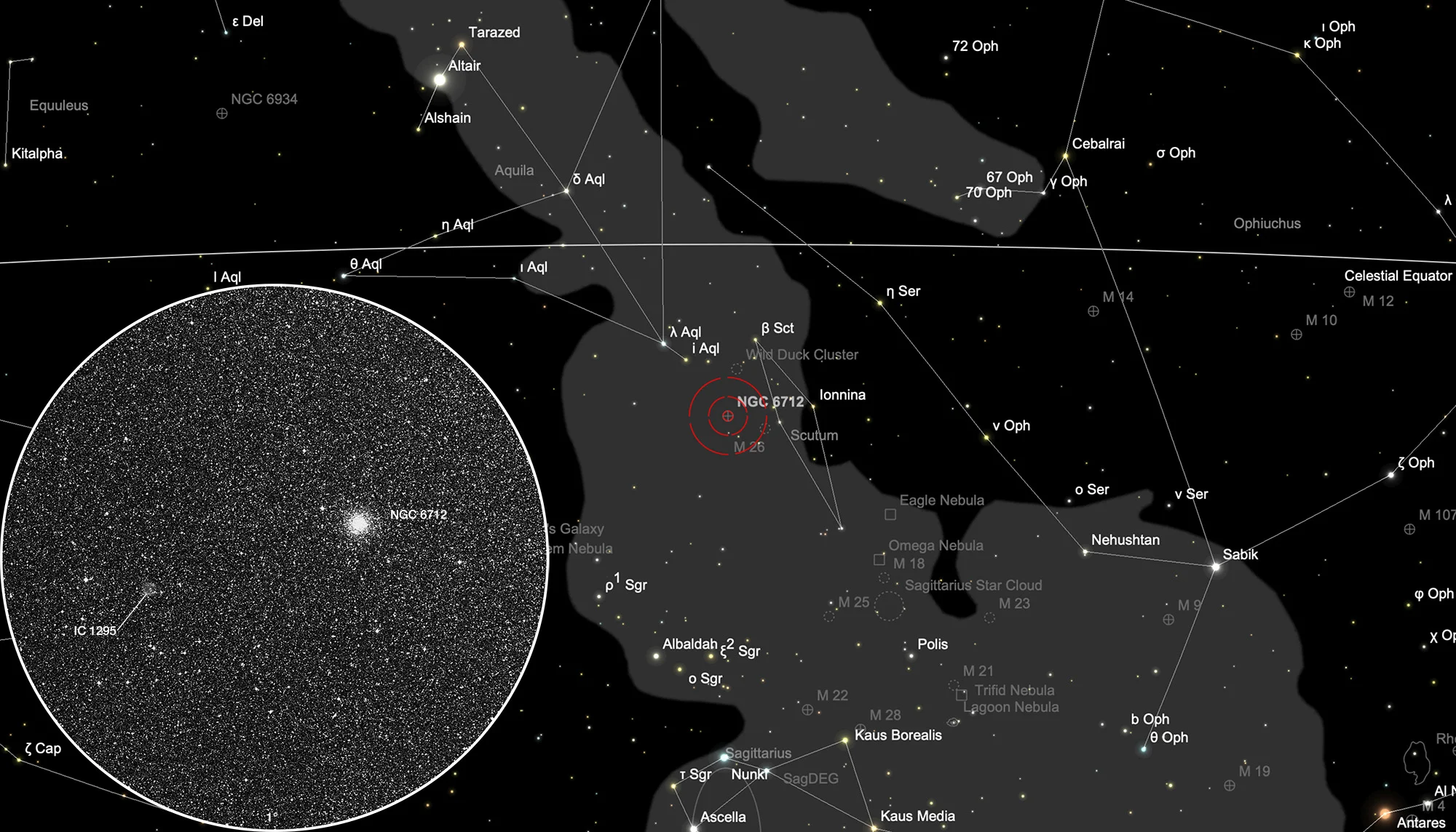Karte Kugelsternhaufen NGC 6712 + PNs IC 1295, Kohoutek 4-8