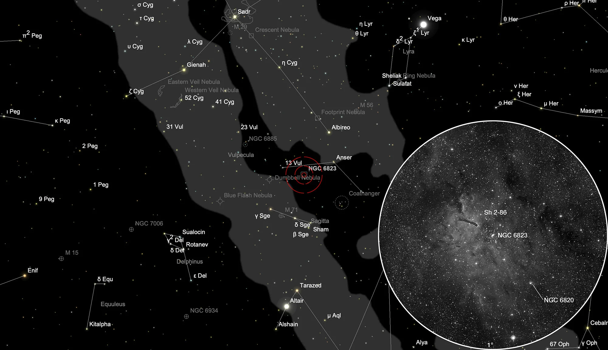 Auffindkarte Sternhaufen NGC 6823 mit Emissionsnebel Sh 2-86