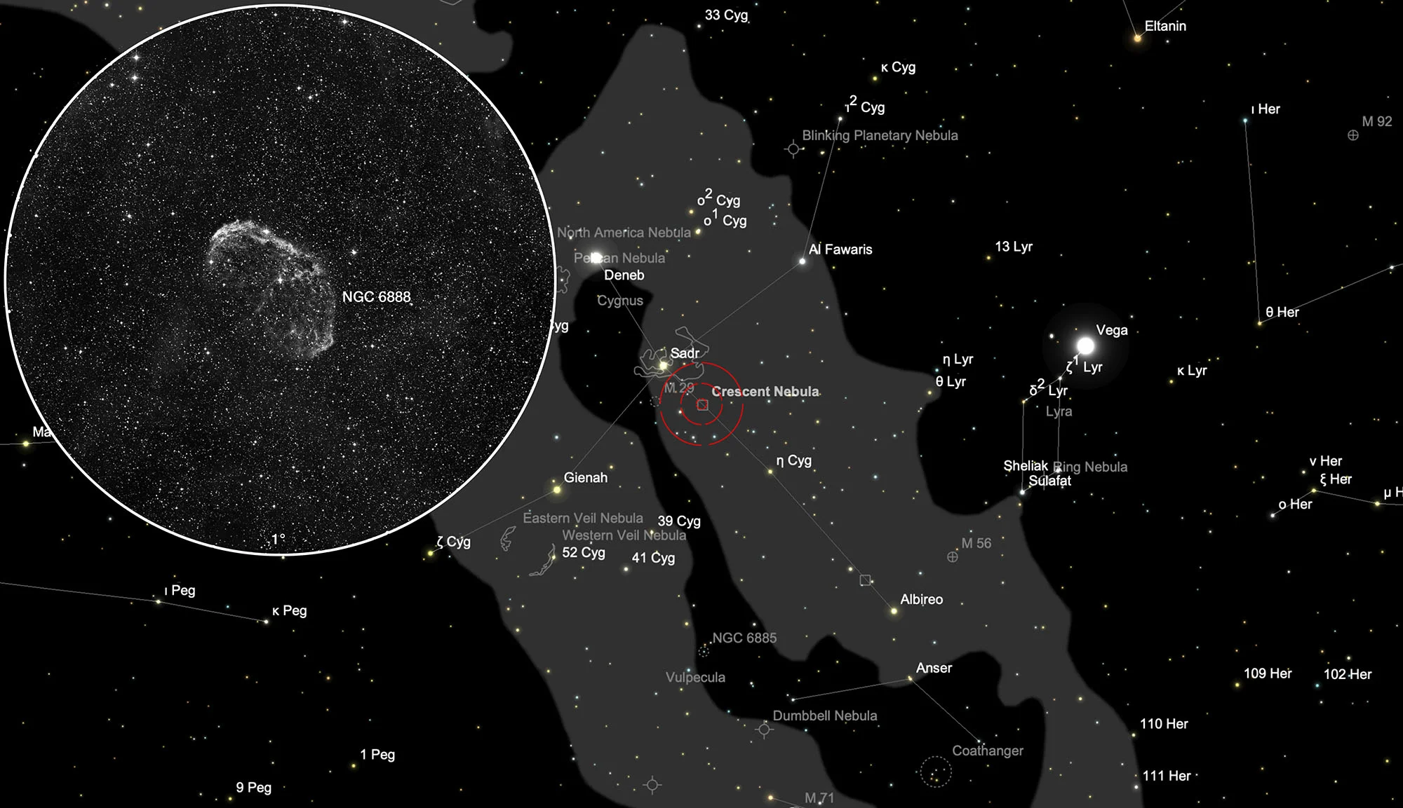 Karte Gipfeli-Nebel (NGC 6888) & Seifenblasen-Nebel (Ju 1)