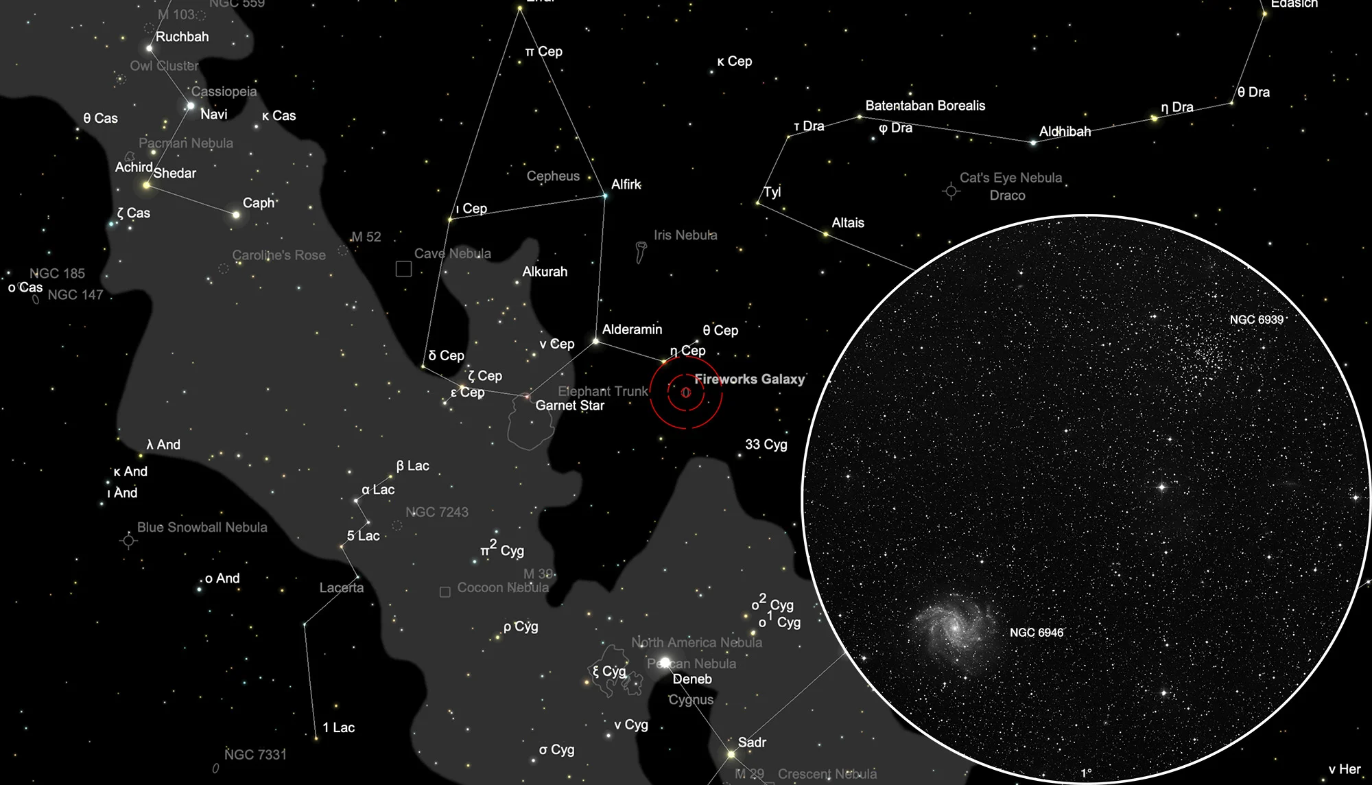 Karte Feuerwerksgalaxie NGC 6946 + Sternhaufen NGC 6939