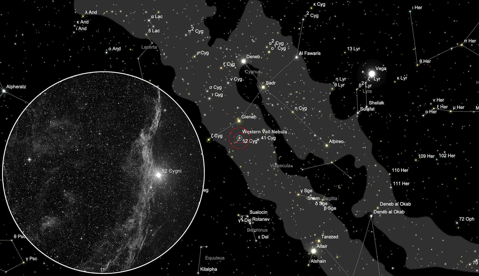 Karte Cirrusnebel (NGC 6960+)