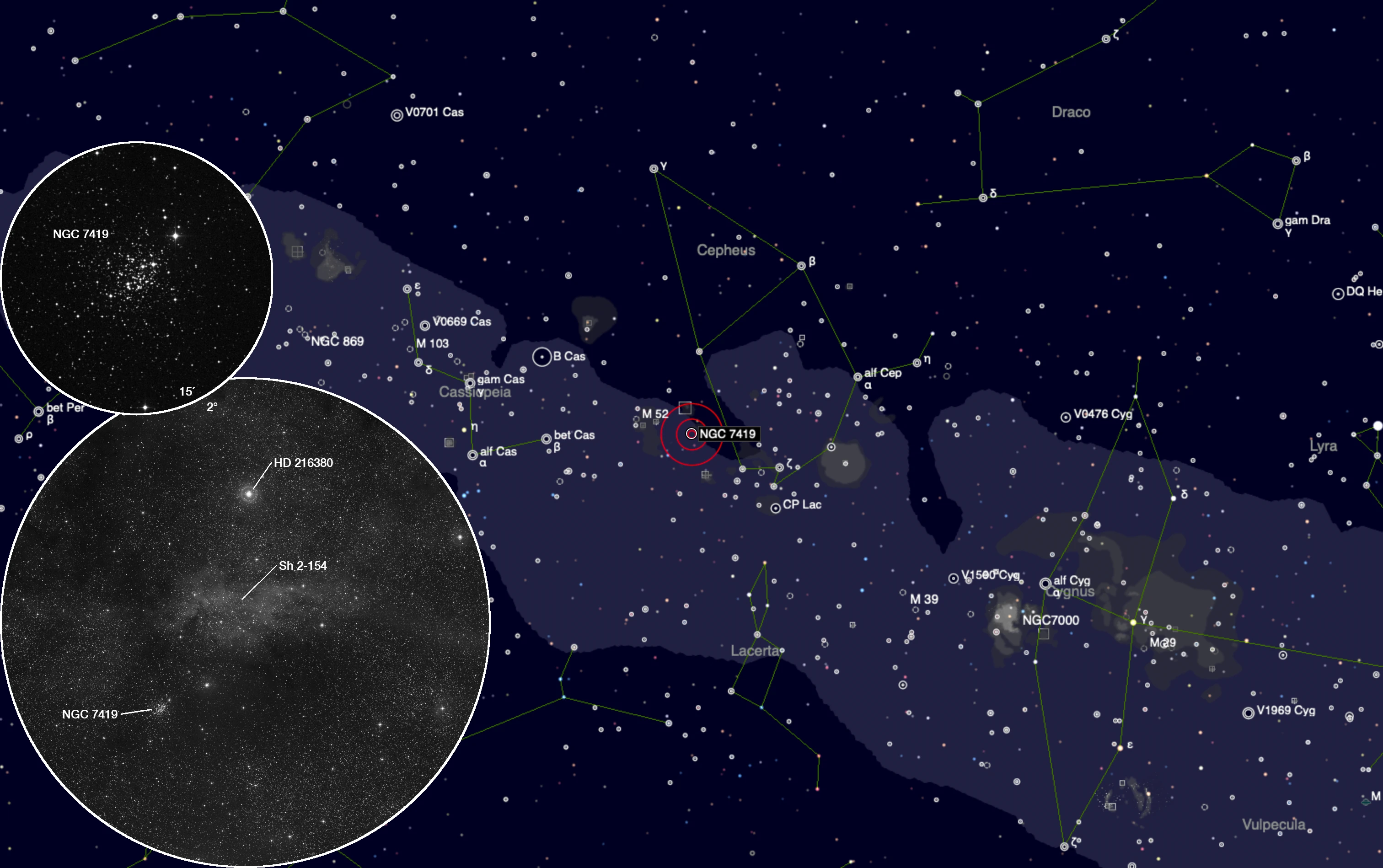 Finder Chart Open Cluster NGC 7419 + H-II Region Sh 2-154