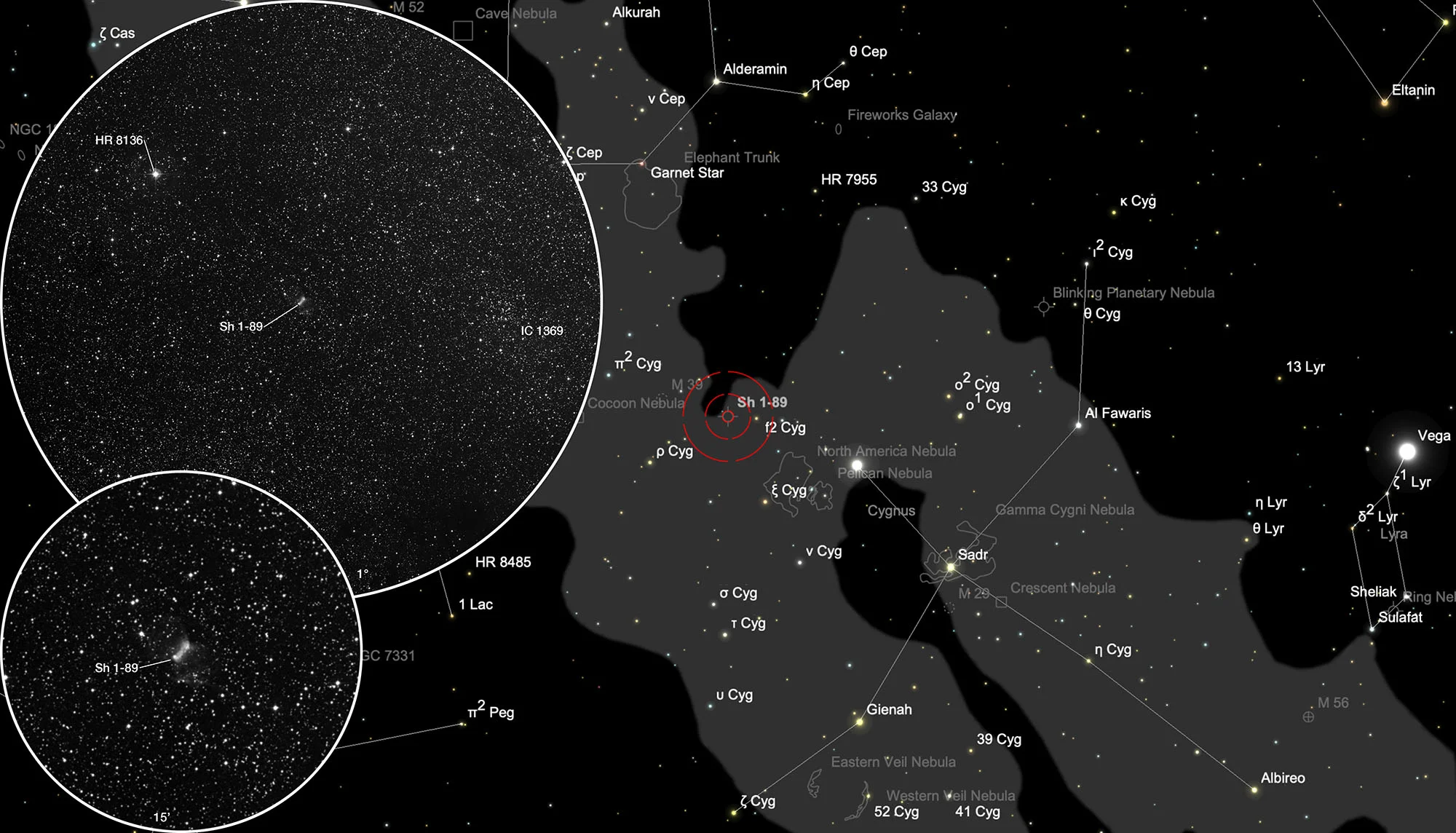 Karte Motten-Nebel (Sh 1-89) & Sternhaufen IC 1369