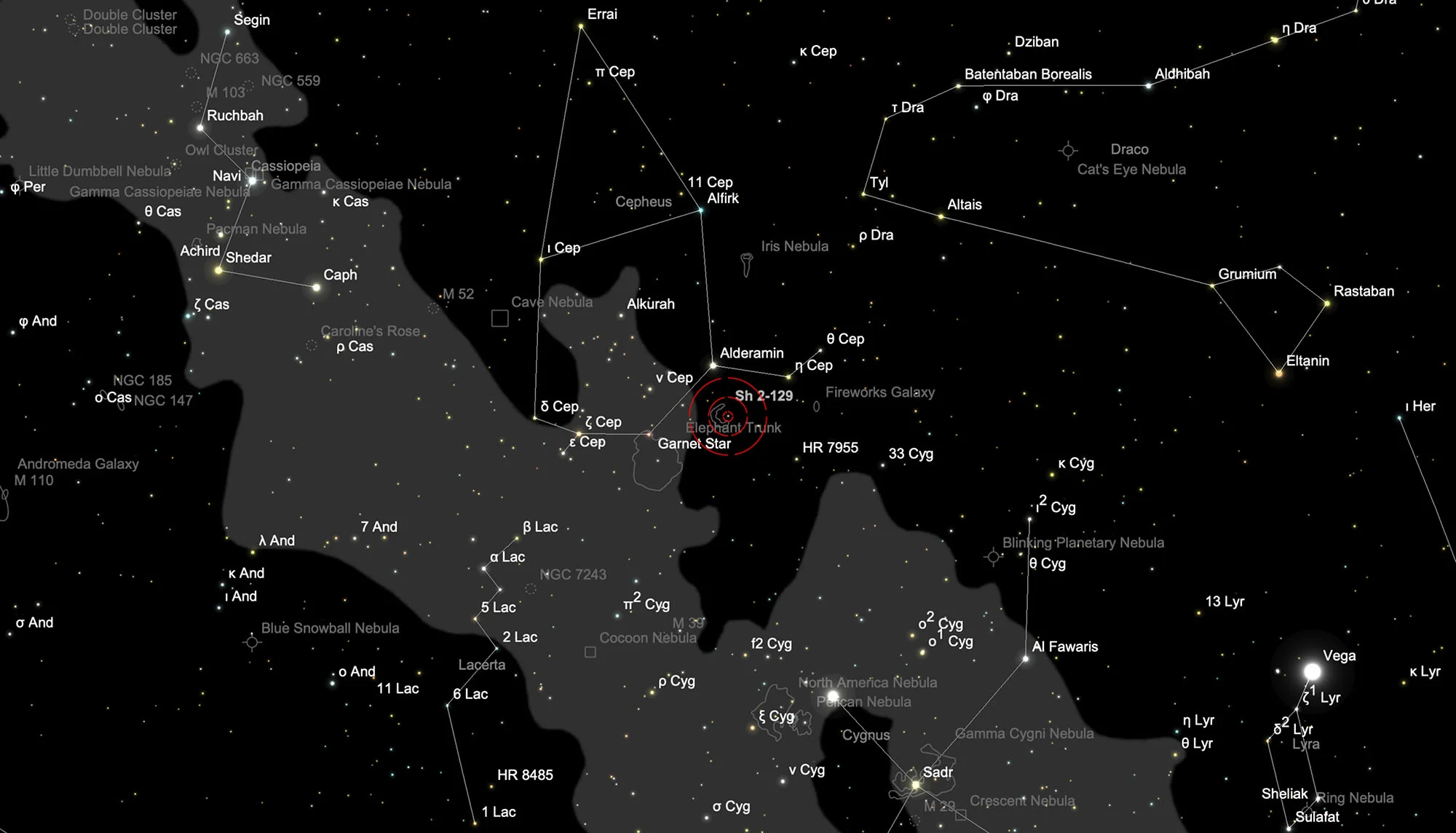 Chart Flying Bat Nebula (Sh 2-129) & Squid Nebula (Ou4)