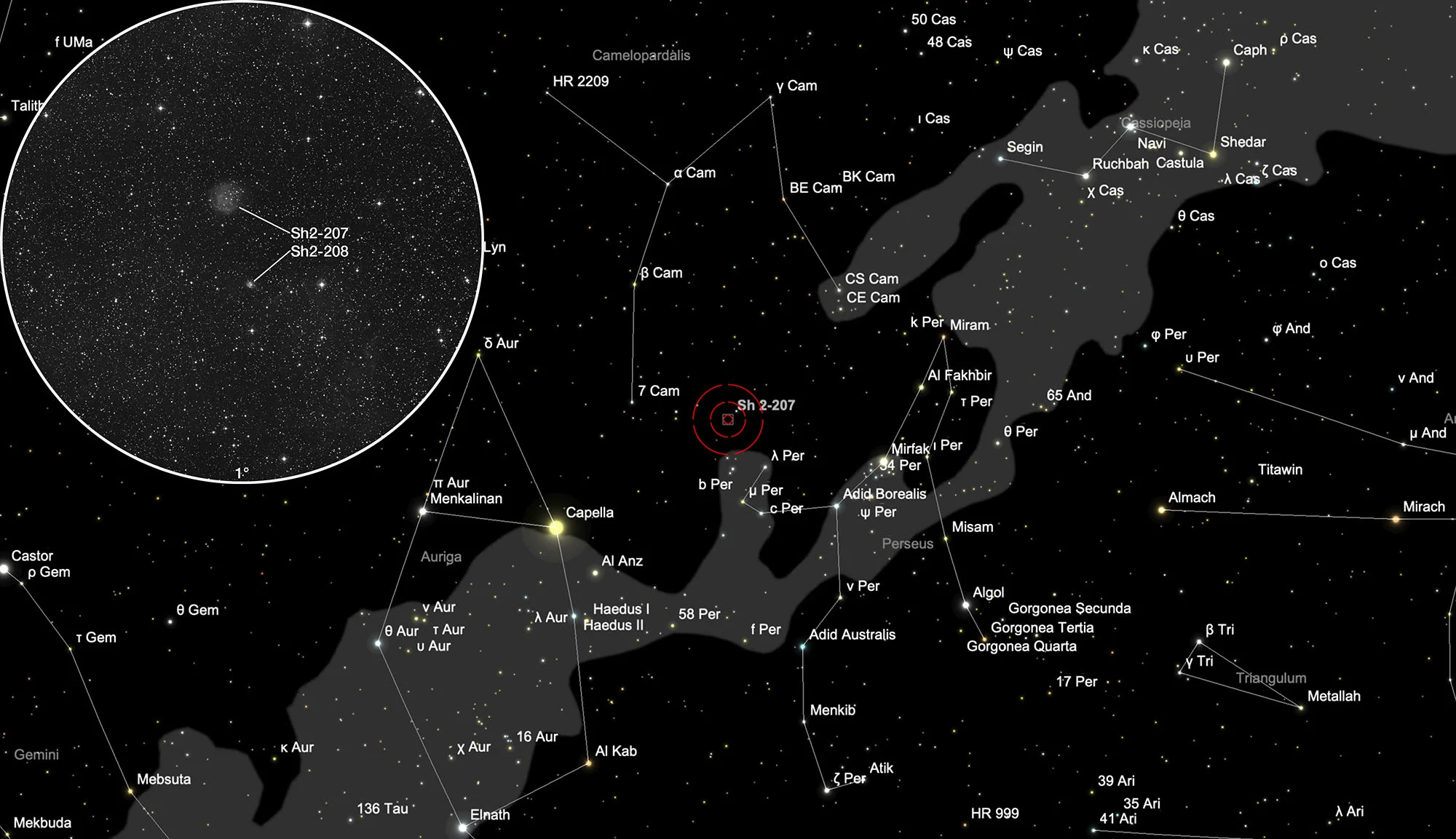 Chart Galactic Nebula Sharpless 2-207 and 2-208