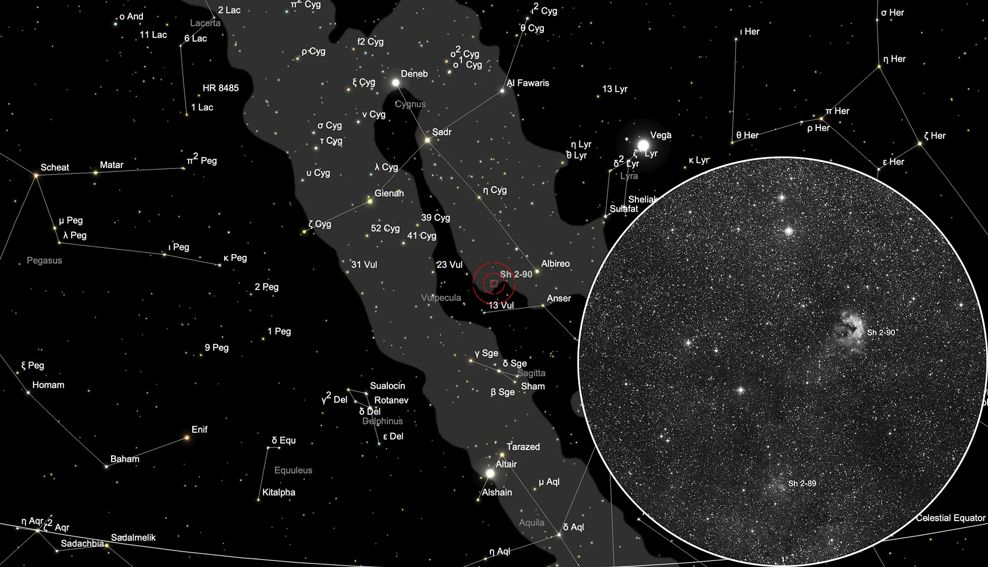 Finder Chart Galactic Nebulae Sh 2-89 and Sh 2-90