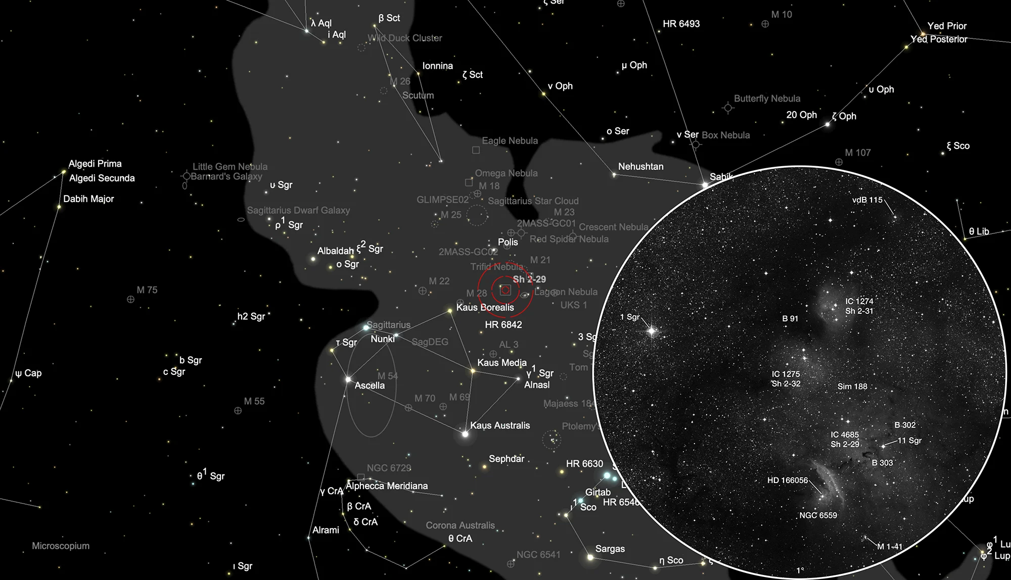 Chart Psychedelic Nebula (Simeis 188) + Minkowski 1-41