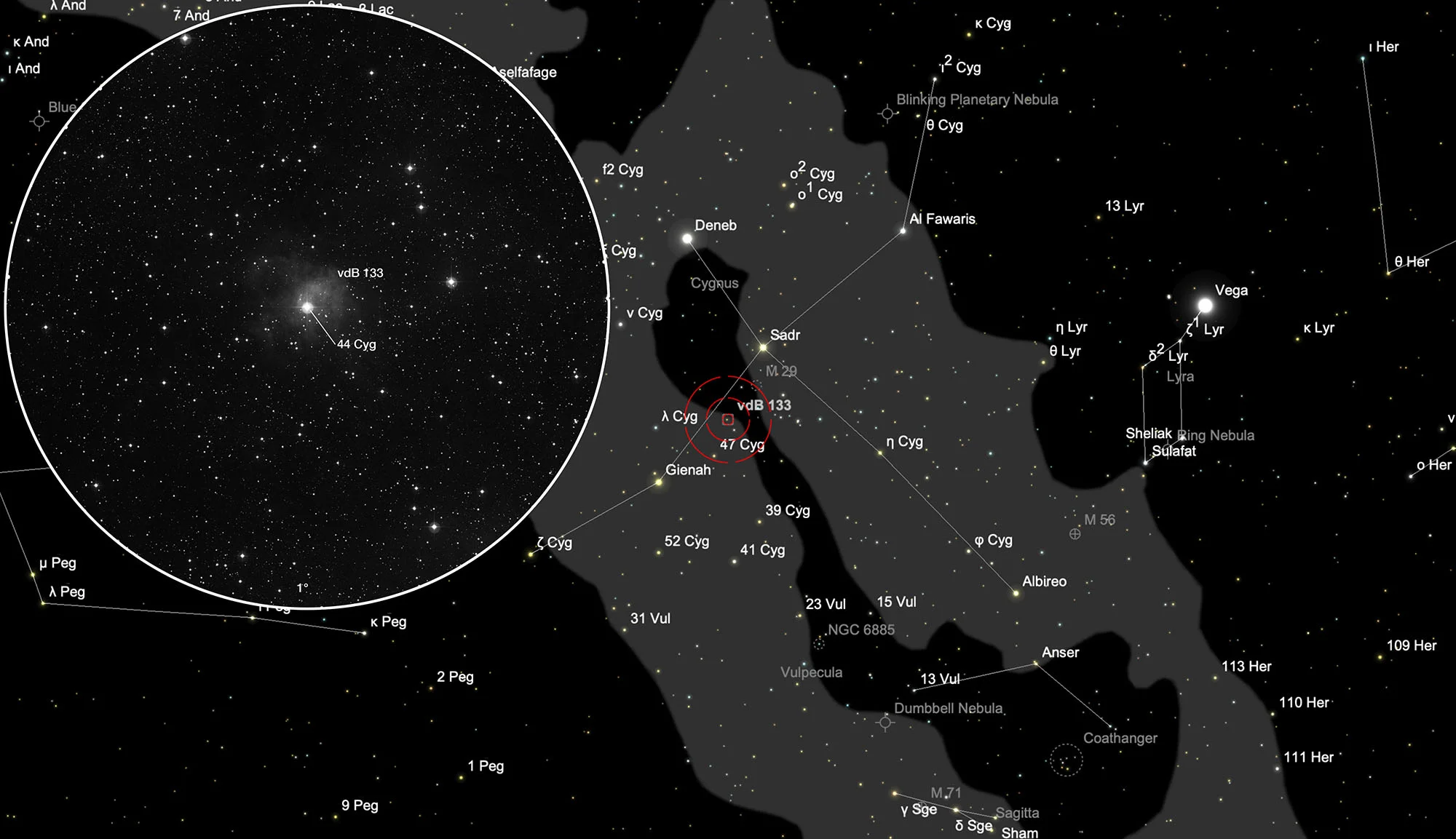 Karte 44 Cygni mit Reflexionsnebel vdB 133